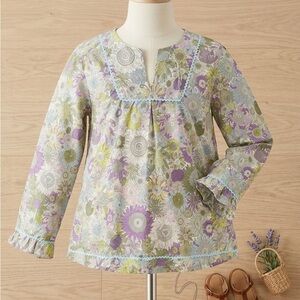 Papo d’Anjo Floral Sunflower Blouse 10Y Grandmillennial Ric Rac Cotton Top